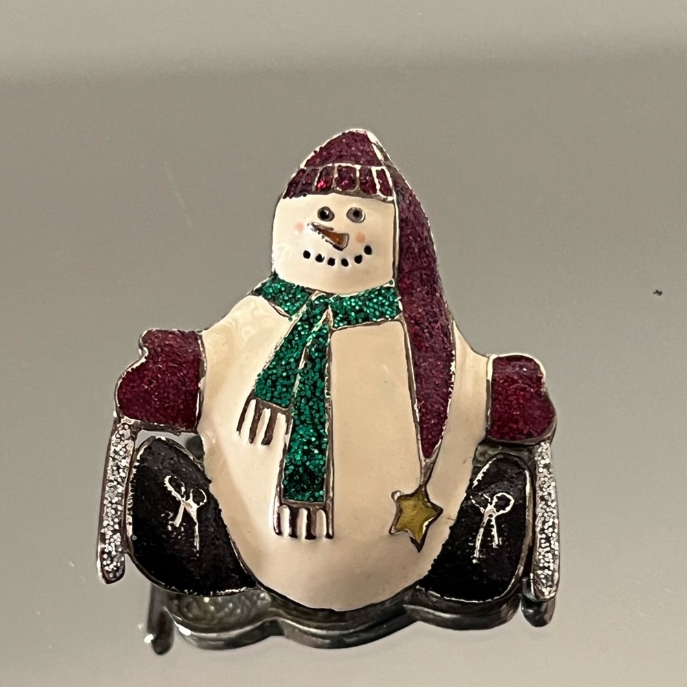 BROOCH Holiday Festive Snowman Wearing Skates, Scarf and Hat